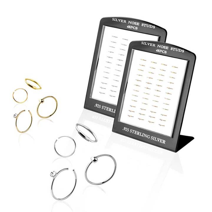 48 PCS OF MIXED DESIGN STERLING SILVER NOSE HOOP L-STAND for wholesale by CRAVE