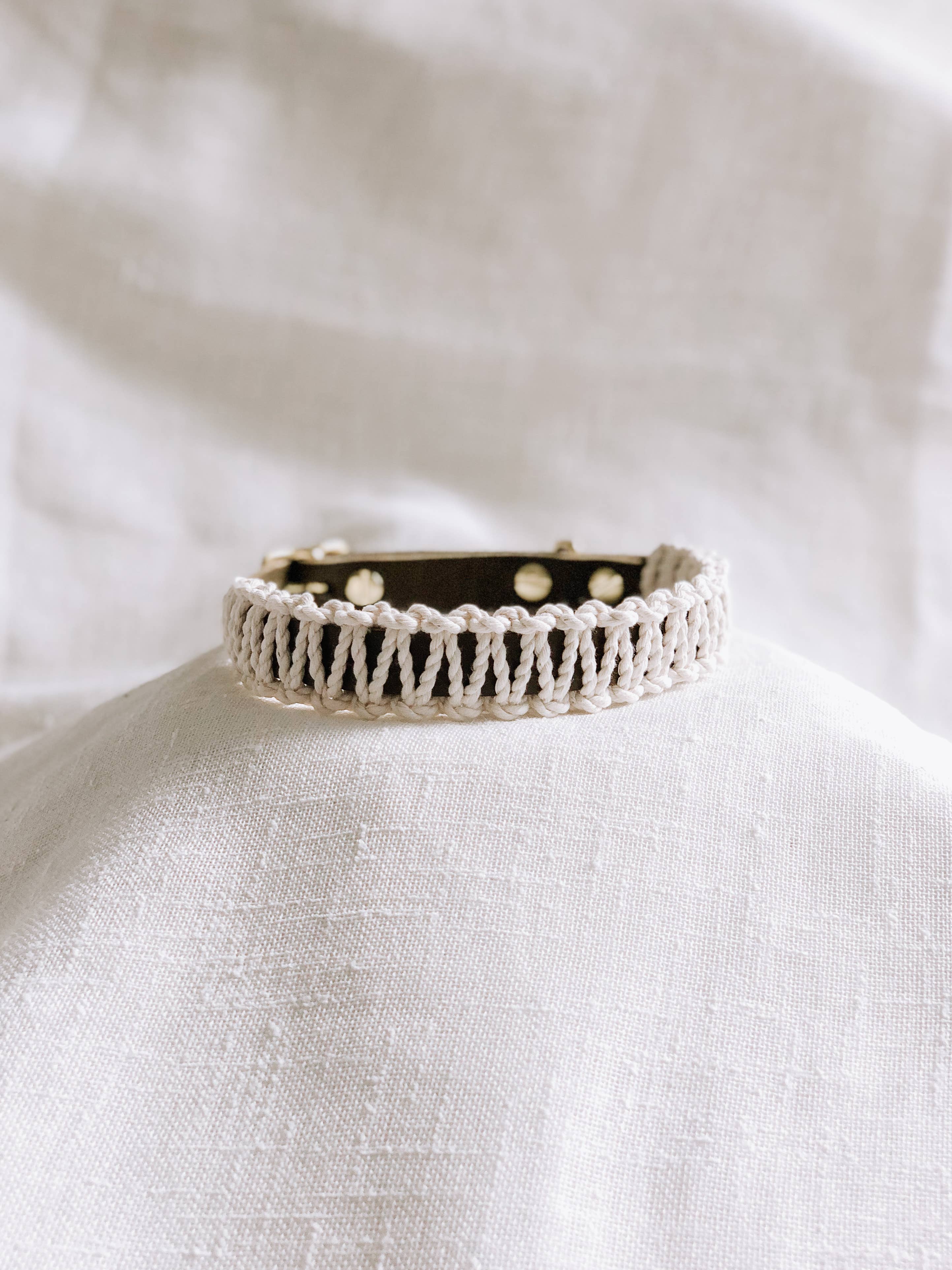 EMBER & IVORY - Wholesale Pet Collar - Dog - Olive/Ivory Macrame & Leather Dog Collar2