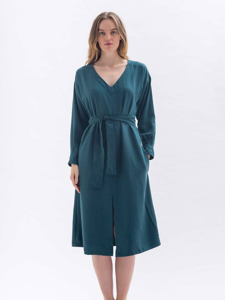 “CO-CO” midi dress in green tencel for wholesale by Studio Hertzberg