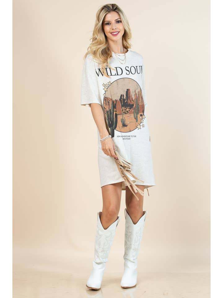 Beige D1593-5234-Gaia Western Wild Soul Print T Shirt Dress for wholesale on Faire