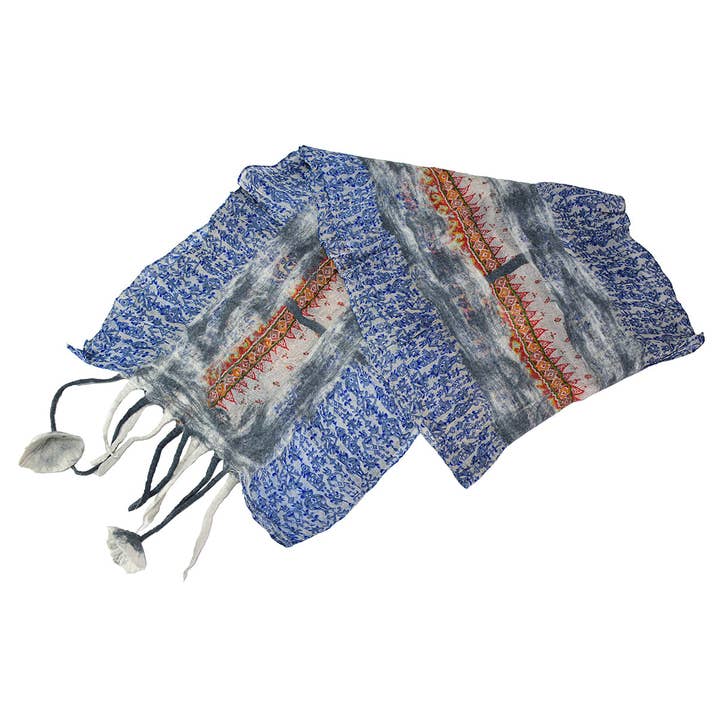 BNB Crafts Inc. - Wholesale Scarf - Unisex - Grey Felt and Saree Vintage Scarves with Flower Hanging