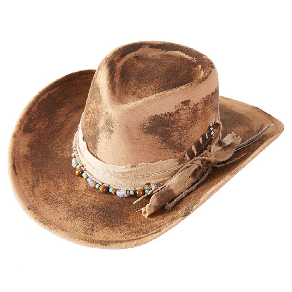Sensibling Corp. - Wholesale Cowboy Hat - Women's - Vintage Feather Accent Distressed Fabric Bow Band Rustic Cowgirl Western Fedora Hat4