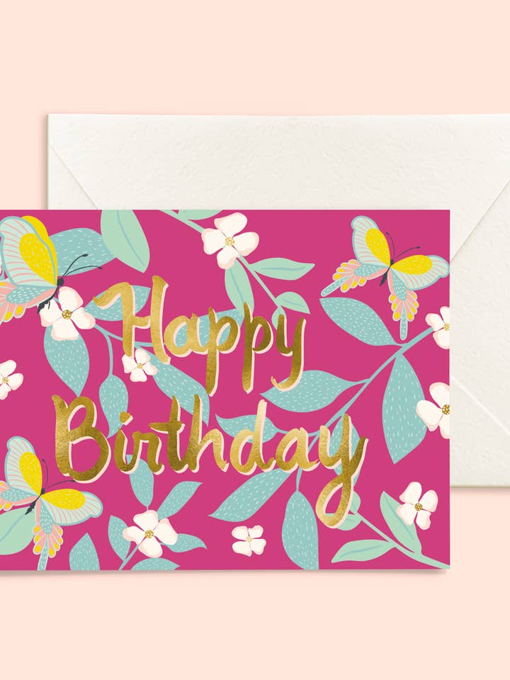 Happy Birthday Butterfly Blooms Card – Foil Lettering for wholesale by MKD Monica Kane Design