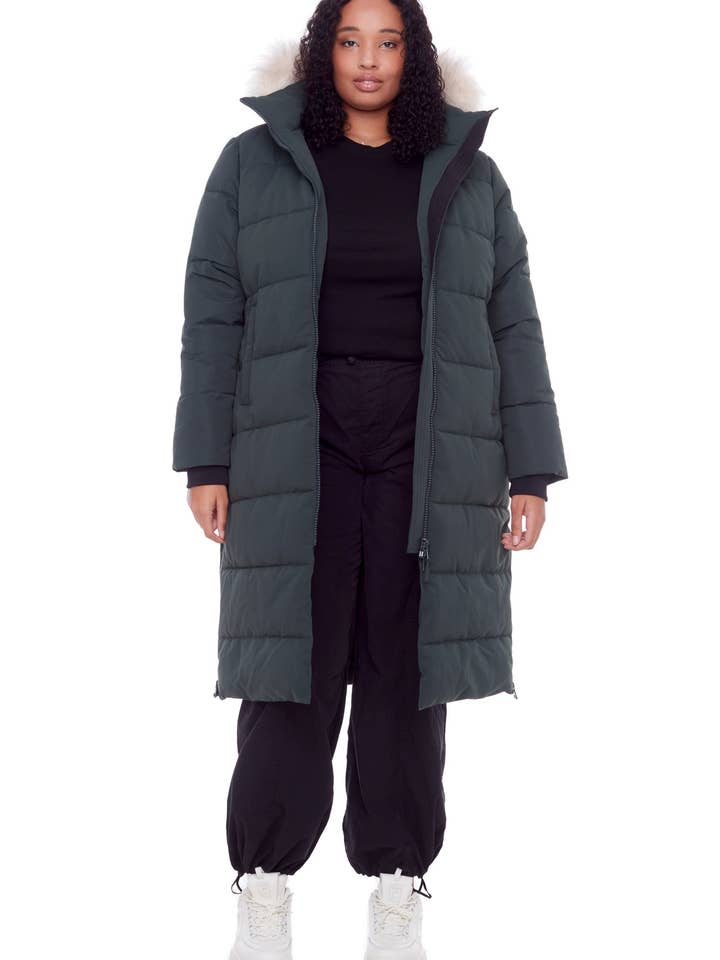 KLUANE PLUS | WOMEN'S VEGAN DOWN (RECYCLED) ULTRA LONG LENGTH PARKA, FOREST GREEN (PLUS SIZE) for wholesale by Alpine North CA