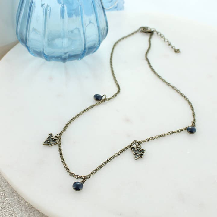 18 - 20” West Virginia Vintage Logo & Enamel Dot Necklace for wholesale by Seasons Jewelry