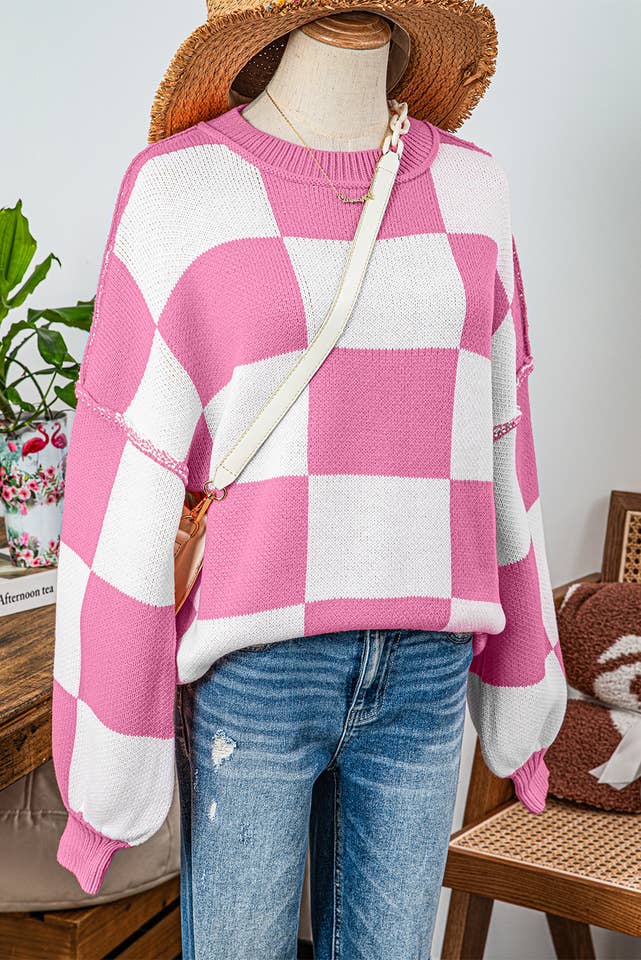 fashionworks - Wholesale Knit Sweater - Women's - Fashion-W Checkered Bishop Sleeve Sweater*S-2XL24