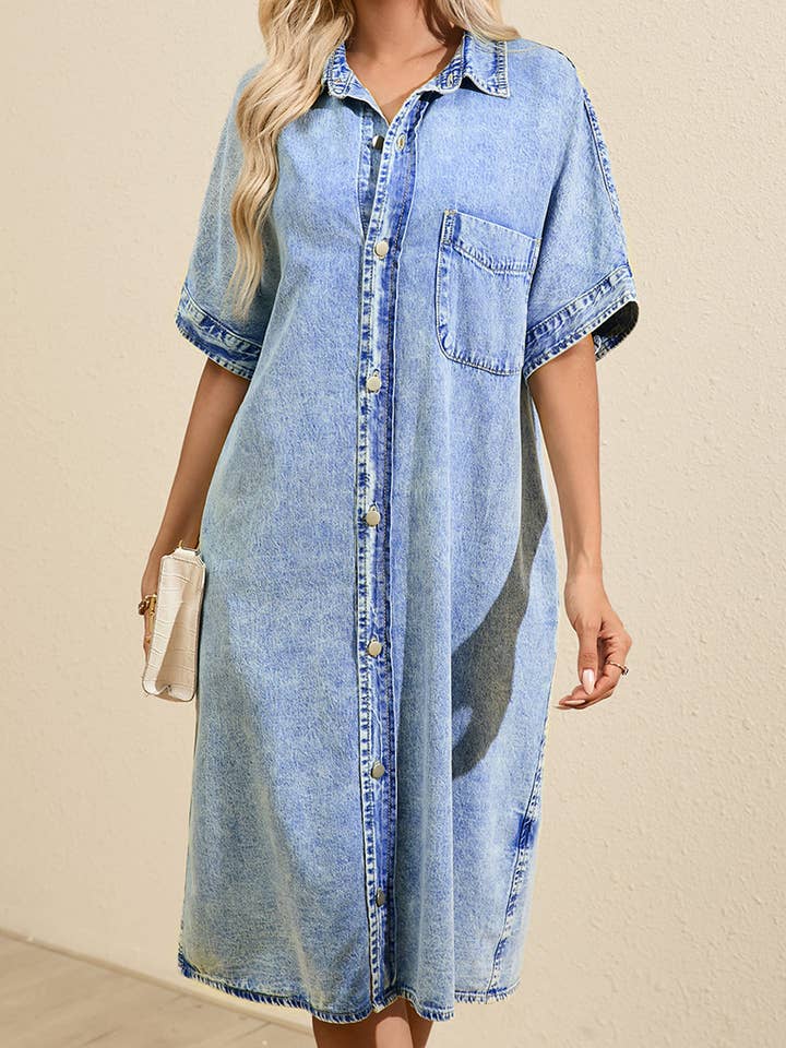 Light Blue Loose Medium Wash Chambray Dress with Short Sleeves for wholesale on Faire9