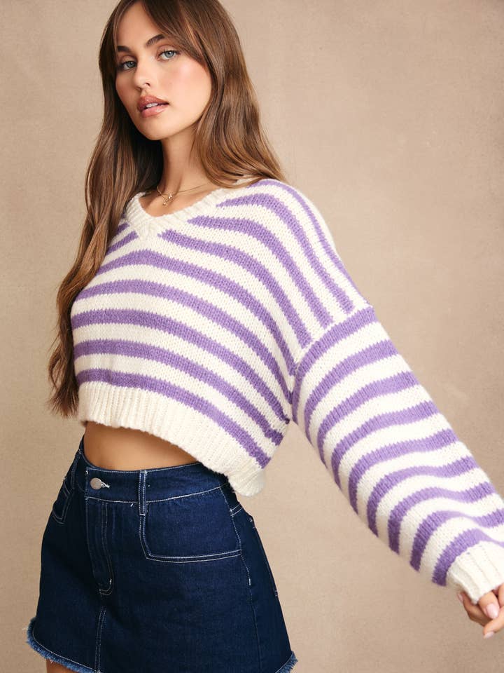 LONG SLEEVE V-NECK STRIPED CROPPED SWEATER for wholesale by LE LIS