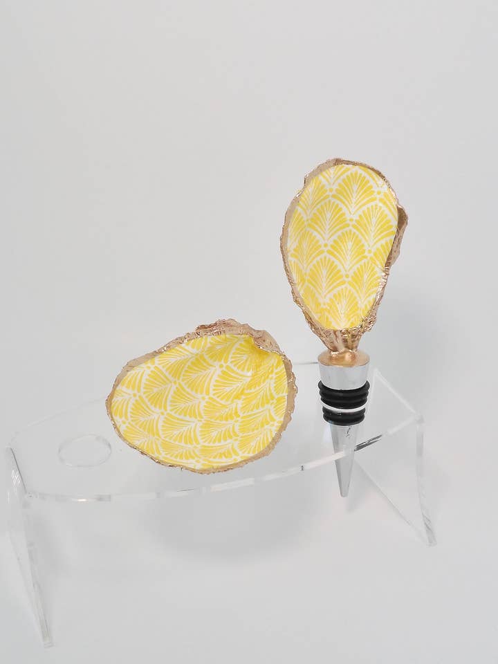Yellow Scallop Oyster Dish/Wine Topper for wholesale by Shuckin Roots LLC