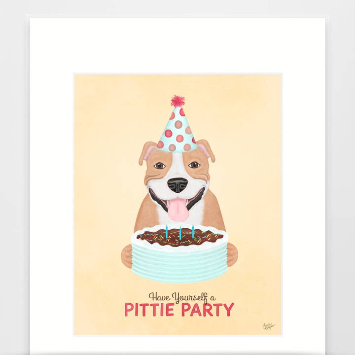 Lámina artística Pitbull Dog, Pittie Party, edición en blanco y sable para venta al por mayor de Laura Bergsma Studio