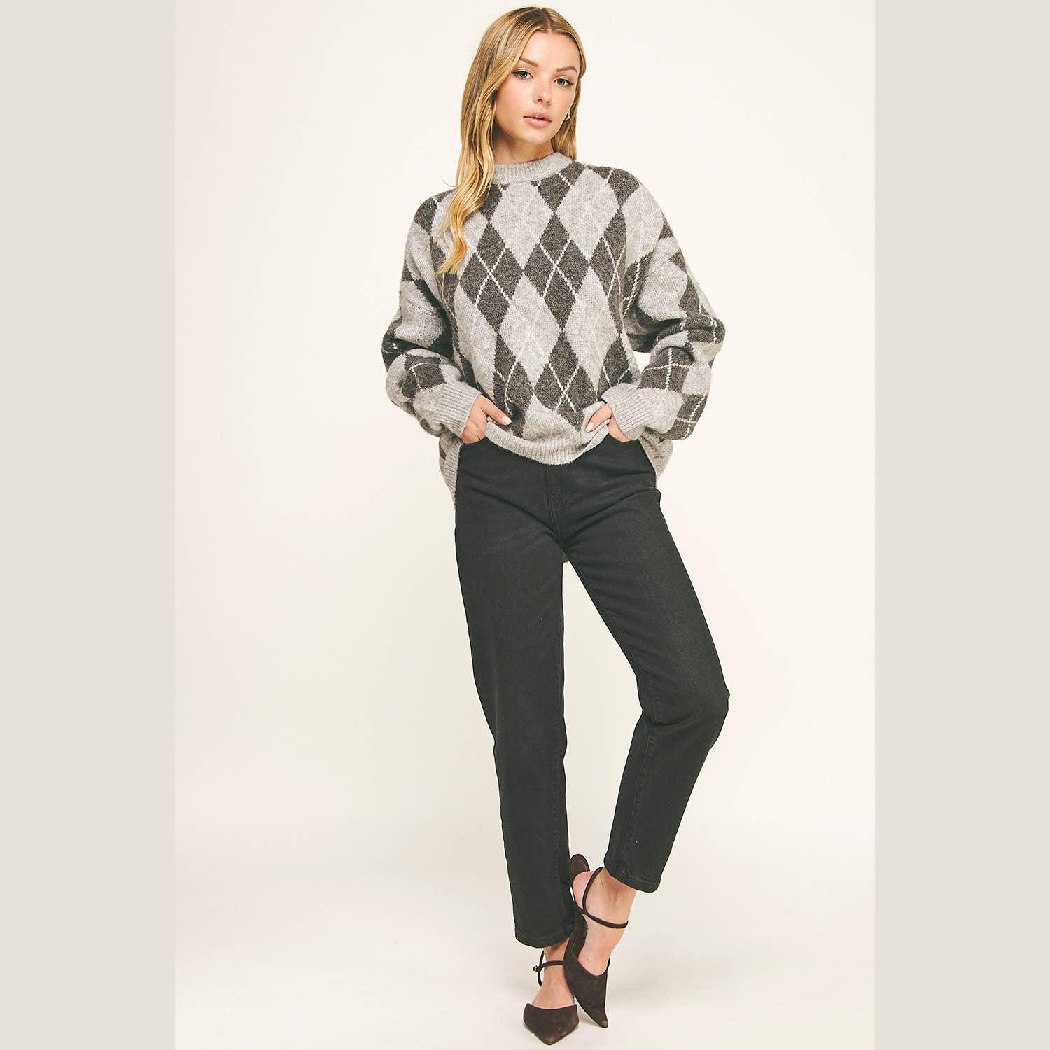 TONAL GRÅ RUTIG RUNDHALSAD LÅNGÄRMAD TRÖJA för wholesale på Faire3