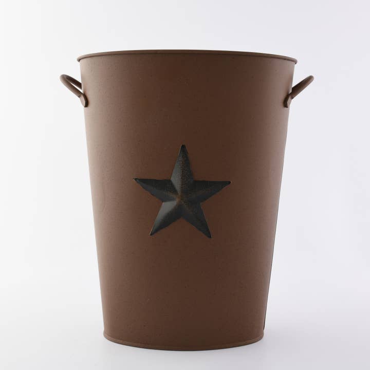 Tin Bucket with Black Star Attached and Handle - 12" Tall for wholesale by Birch Maison