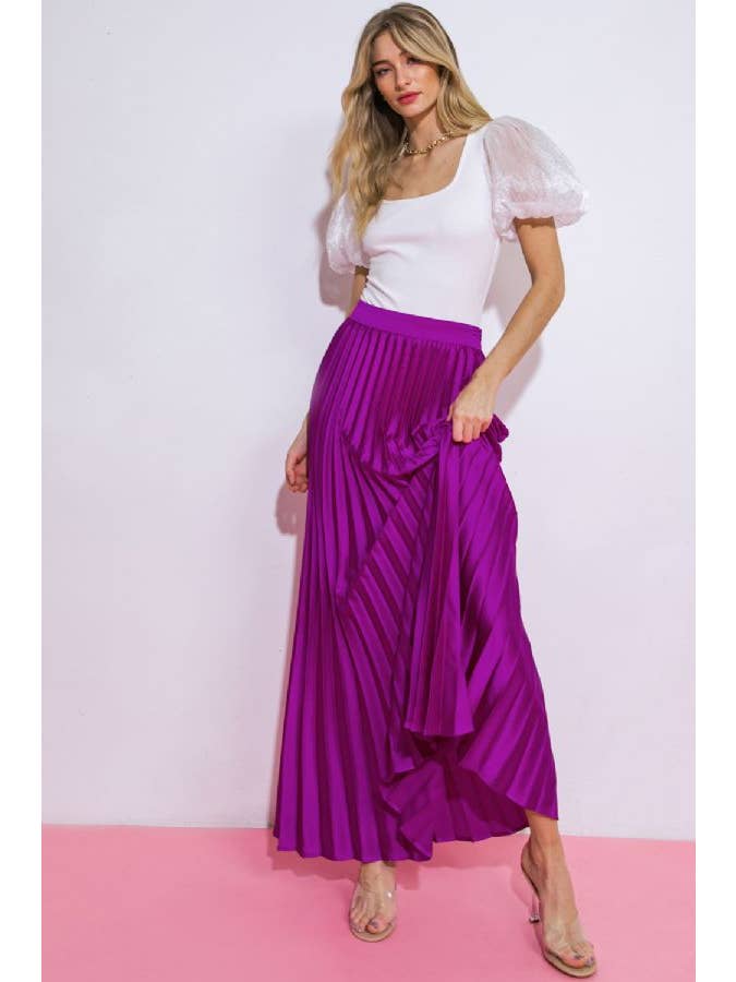 MAGENTA A solid satin fully pleated maxi skirt -IK7468 for wholesale on Faire3