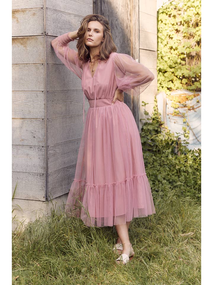 in february - Wholesale Dress - Women's - ROMANTIC IN DELICATE SHEER MESH V-NECK MIDI DRESS