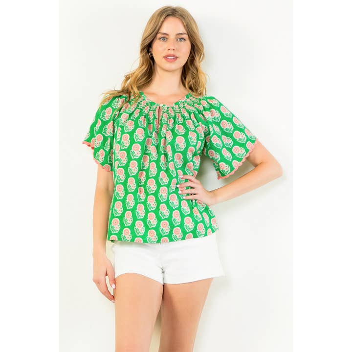 GREEN Flower Print Shirred Neck Top for wholesale on Faire