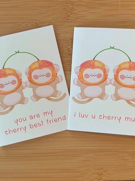 Cherry Monkeys Illustrated Valentines Greeting Card for wholesale by megoogs draws