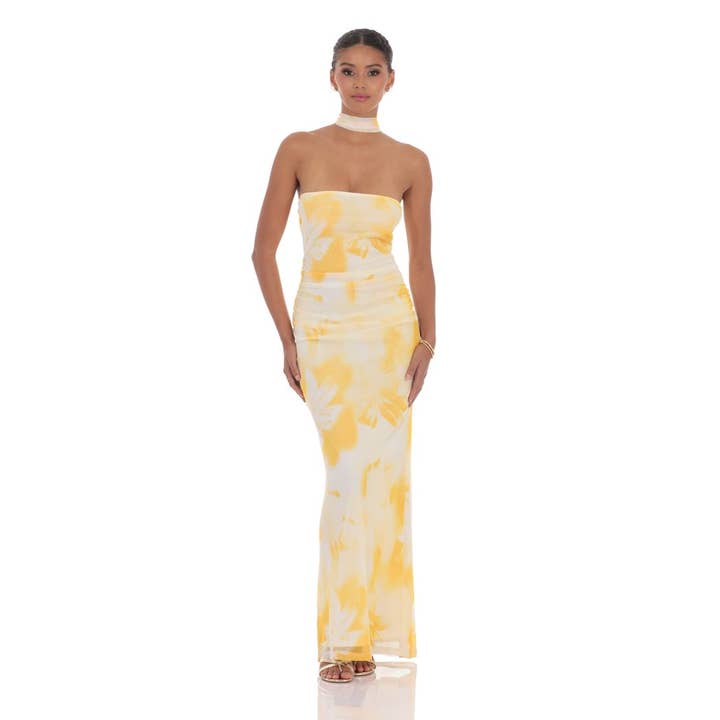 Sjaal Mesh Bloemen Strapless Maxi Jurk in Geel voor wholesale door Lucy In The Sky
