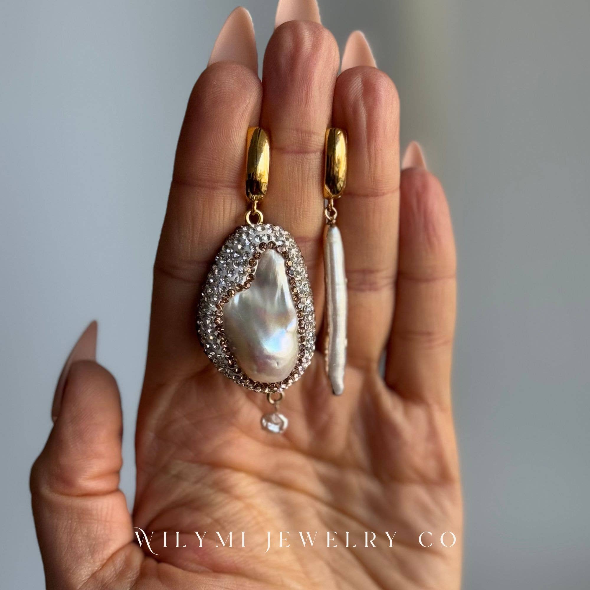 WILYMI Jewelry Co - Wholesale Dangle Earrings - Encapsulate Crystal Mismatched Pearl Earrings | Gold Filled2