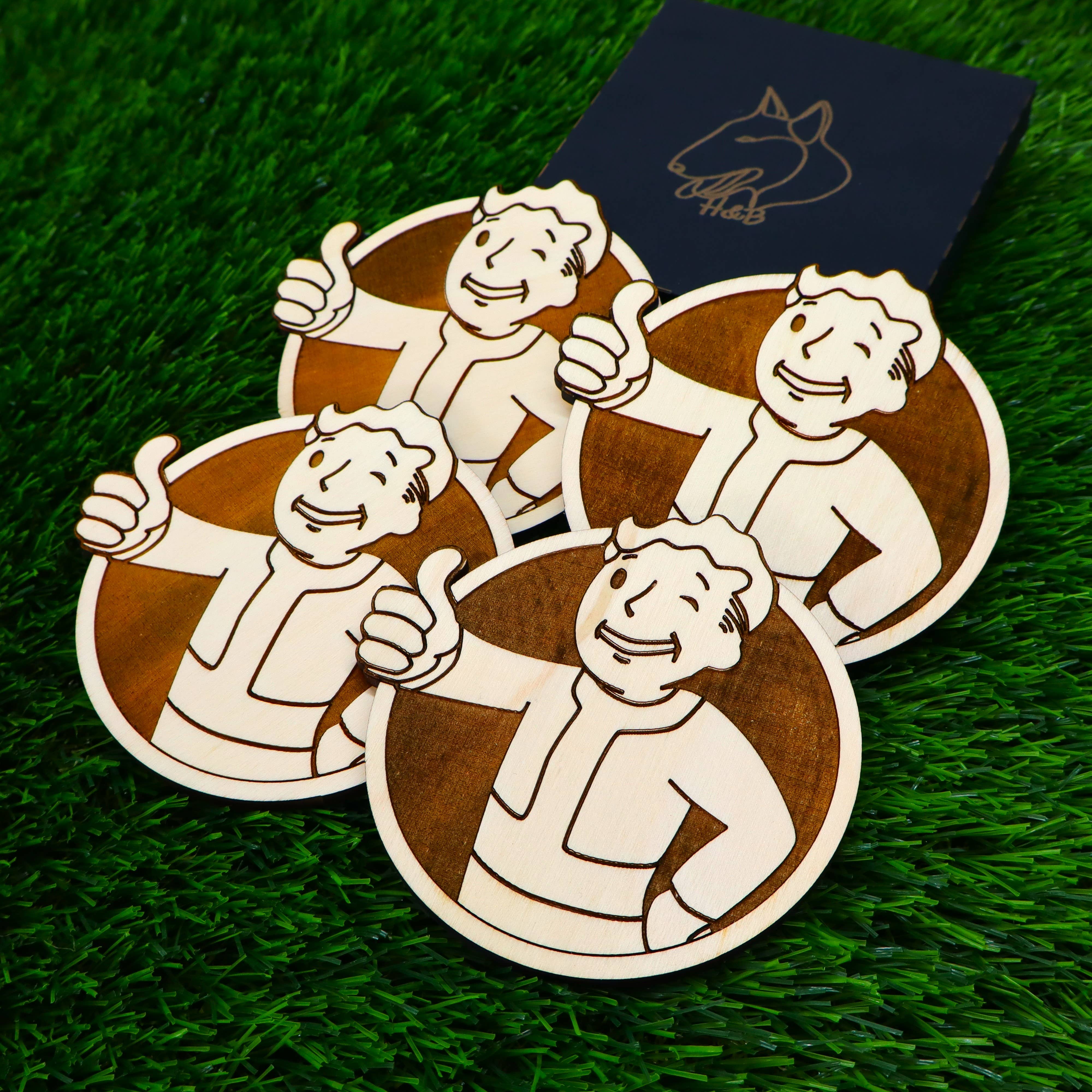 Herbs&Belles – Base de copos por atacado – Porta-copos de Madeira Fallout, Vault Boy Louco, Presente Geek Decoração de Casa11