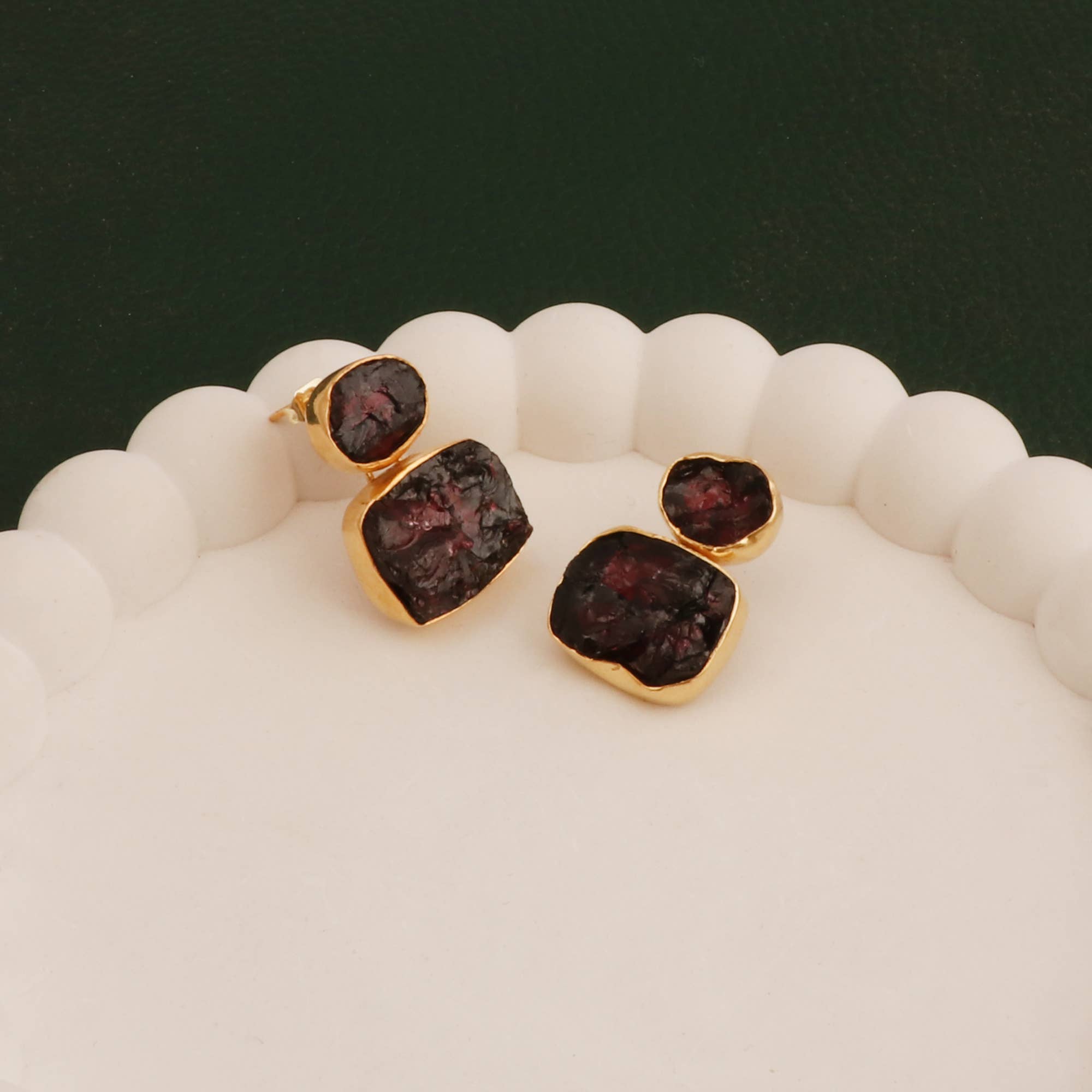 El Joyero - Wholesale Stud/Post Earrings - January Birthstone Raw Garnet Gemstone Gold Plated Studs2
