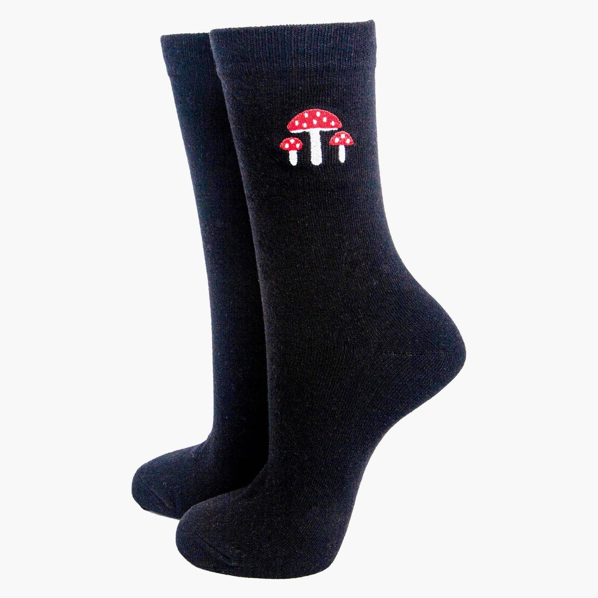 Sock Talk - Wholesale Socks - Women's - Women's Embroidered Ankle Socks- Black, Toadstools1
