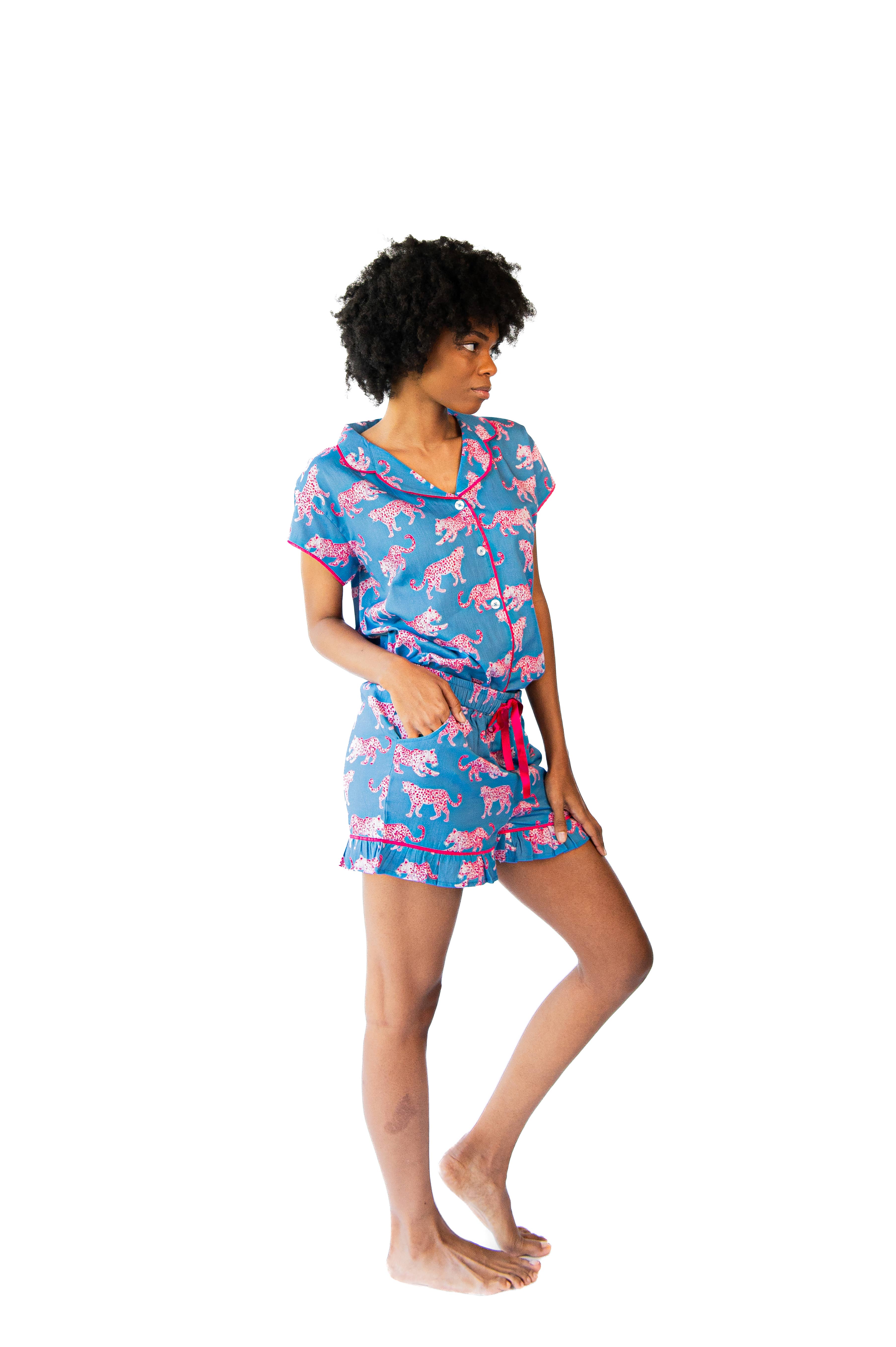 Pink Leopards Luxe Ruffled Pajama Summer Set - Blue & Pink for wholesale on Faire6