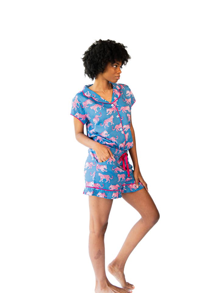 Pink Leopards Luxe Ruffled Pajama Summer Set - Blue & Pink for wholesale on Faire6