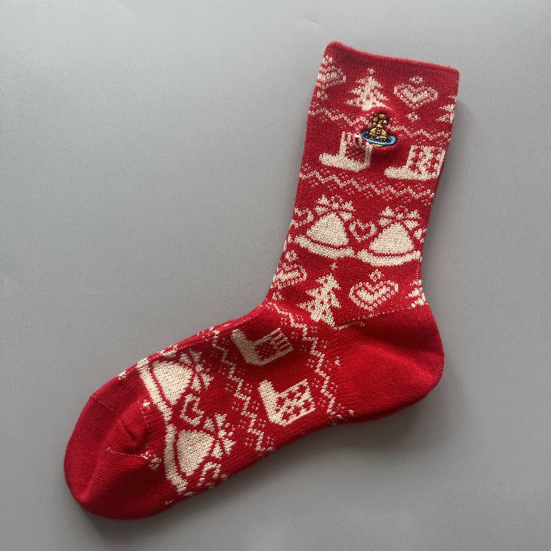 Tourtiwi - Wholesale Socks - Women's - Red Snowflake & Geometric Patterns Christmas Crew Socks22