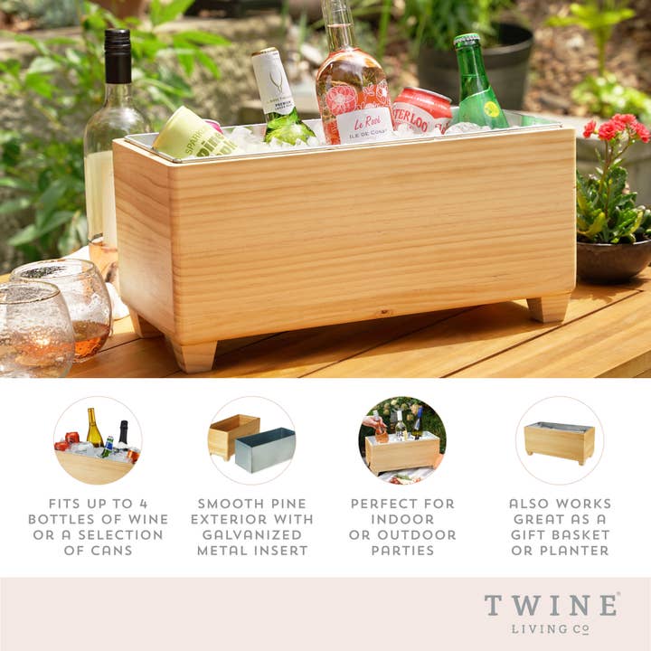 Twine - Wholesale Ice Bucket - Pine Wood Beverage Tub w/ Galvanized Steel Insert