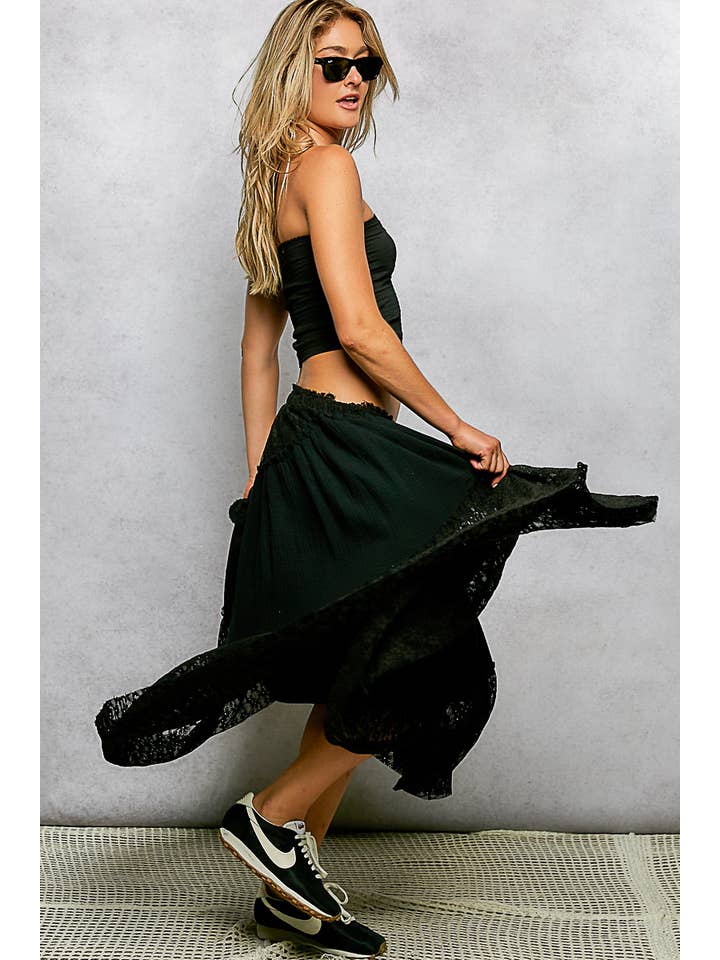 Pol Clothing - Wholesale Skirt - Women's - Double gauze raw edge lace patch solid maxi skirts4