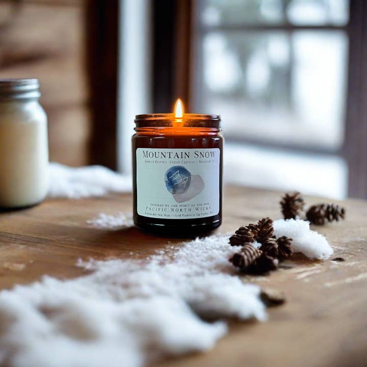 Pacific North Wicks - Wholesale Jar/Filled Candle - Mountain Snow Candle | Juniper | Cypress | 8 oz Amber Jar1