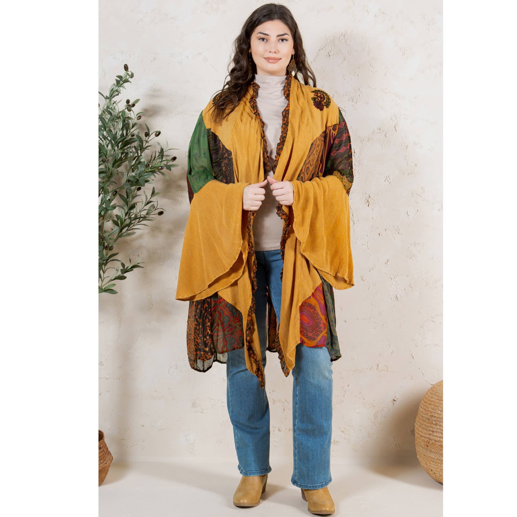 CAMEL Rustic Bohemian: Patchworked Shrug ALSO IN PLUS  for wholesale on Faire6