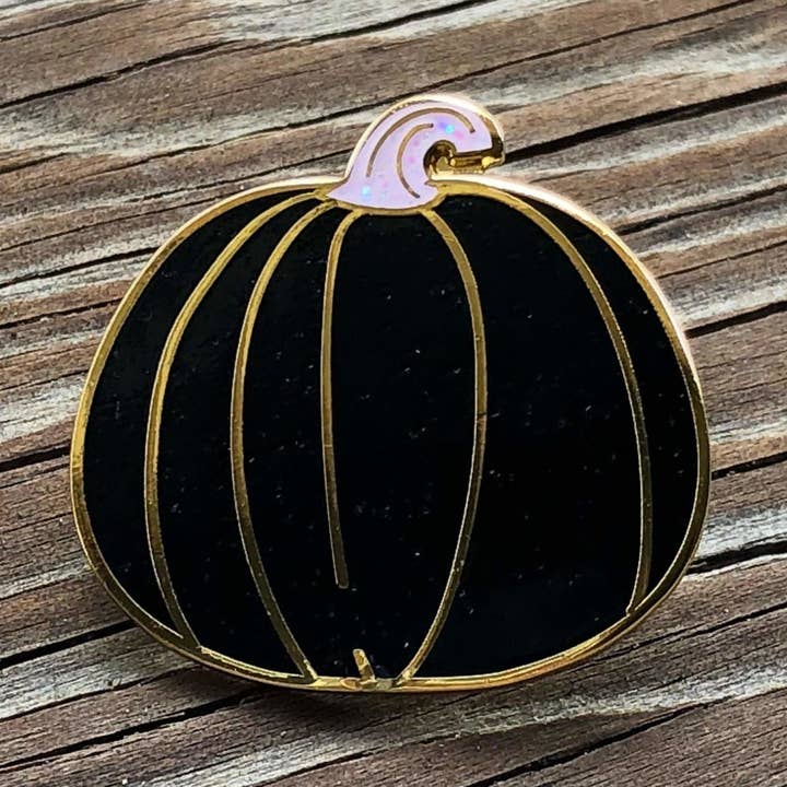 Black Pumpkin w Purple Stem Enamel Pin for wholesale by Dream Maker Pins