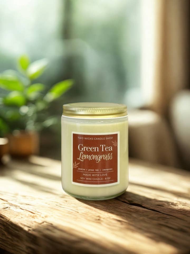 Green Tea & Lemongrass Soy Candle - 8 oz. for wholesale by Two Wicks Candle Shop
