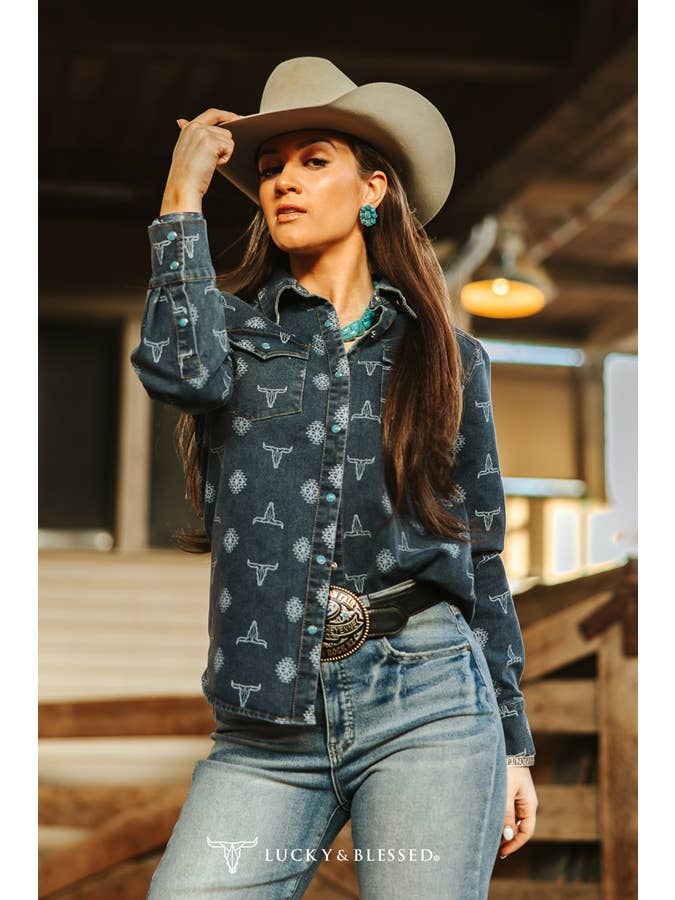 LUCKY & BLESSED - Wholesale Button Down Shirt - Women's - Vintage Mid Wash Cowskull Aztec Laser Printed Shirt