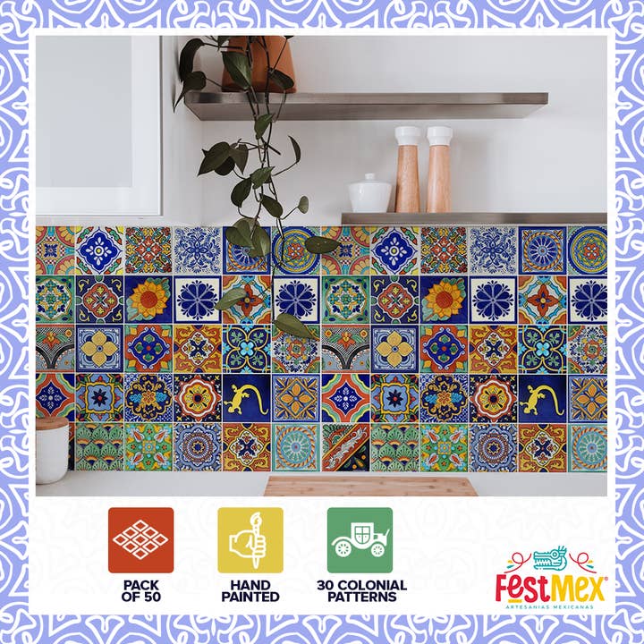FESTMEX - Vente Carrelages muraux - Carreaux en céramique Talavera peints à la main 10 x 10 cm (lot de 50)3