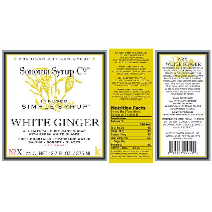 Sonoma Syrup Co. - Wholesale Cocktail Mix/Syrup - 12.7 oz White Ginger Infused Simple Syrup6