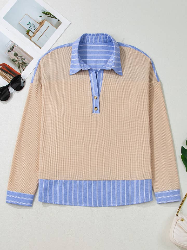 LALALO Plus Size Gestreepte Contrast Wafelgebreide Top voor wholesale door LALA LOO