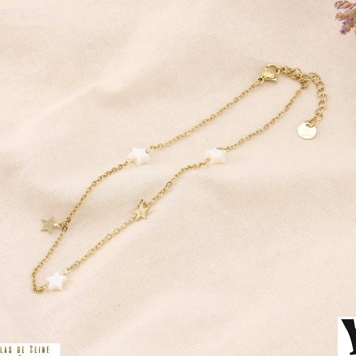 Stainless steel mother-of-pearl star ankle chain 0223182 for wholesale by Lilas de Seine