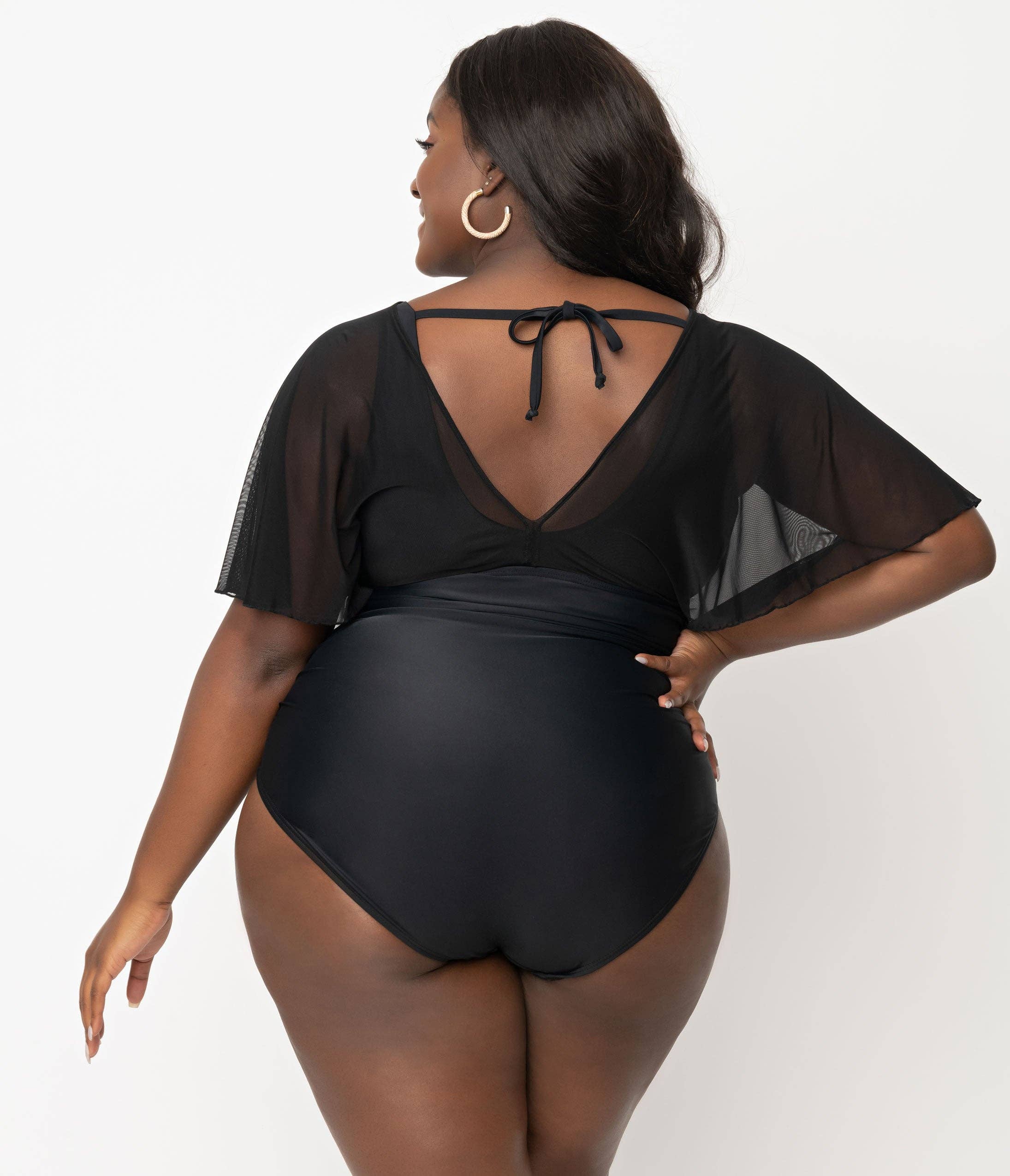 Unique Vintage - Wholesale One Piece Swimsuit - Women's - UV Plus Size Black Mesh Sleeved Torrey Swimsuit1