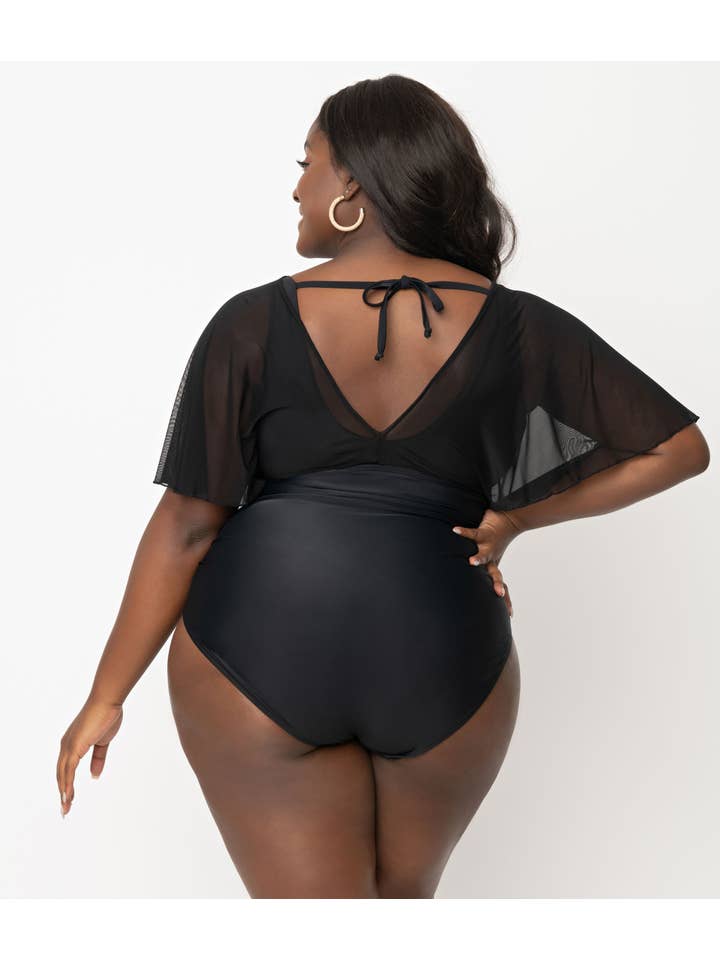 Unique Vintage - Wholesale One Piece Swimsuit - Women's - UV Plus Size Black Mesh Sleeved Torrey Swimsuit1