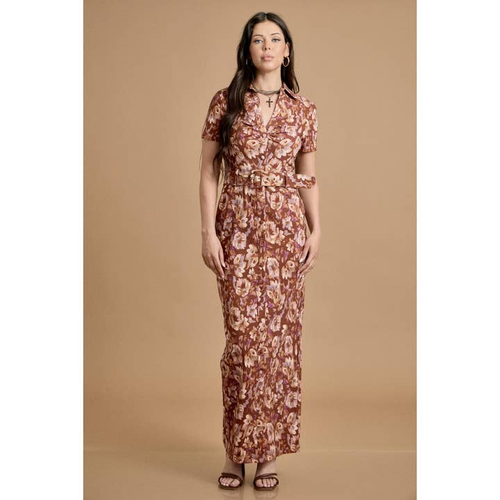 Fall Belted Floral Maxi Shirt Dress for wholesale by SKYLAR ROSE