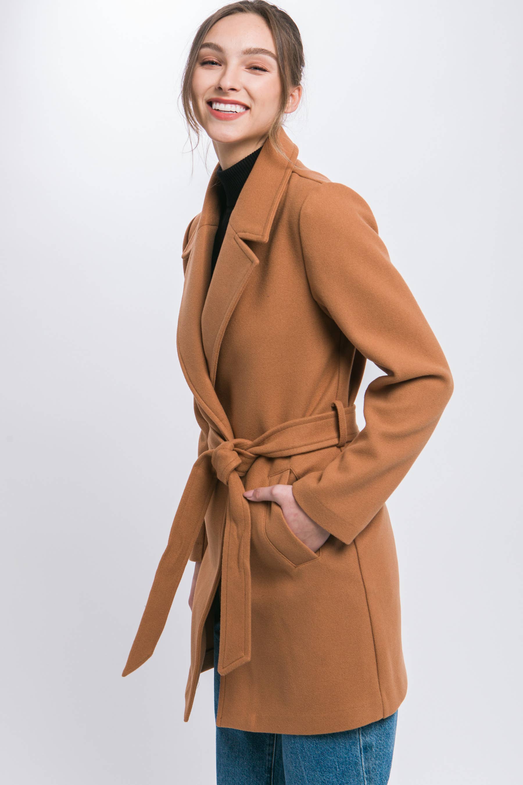 42POPS - Wholesale Coat - Women's - ....SI-26933 Lapel Collared Trench Coat with Waist Tie0