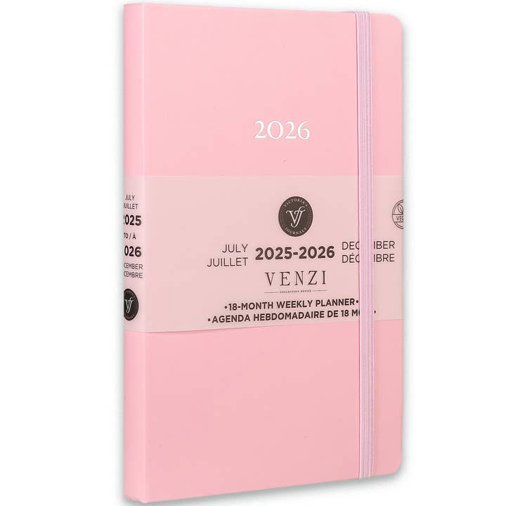 Pianificatore Settimanale Venzi 2025–2026 – Pelle Vegana Rosa, 18 Mesi. per la vendita all'ingrosso da parte di Victoria's Journals