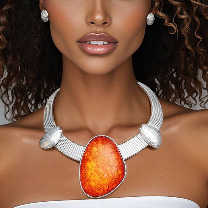 Collar Silver Omega Orange Resin Tribal Necklace for wholesale by PinktownUSA