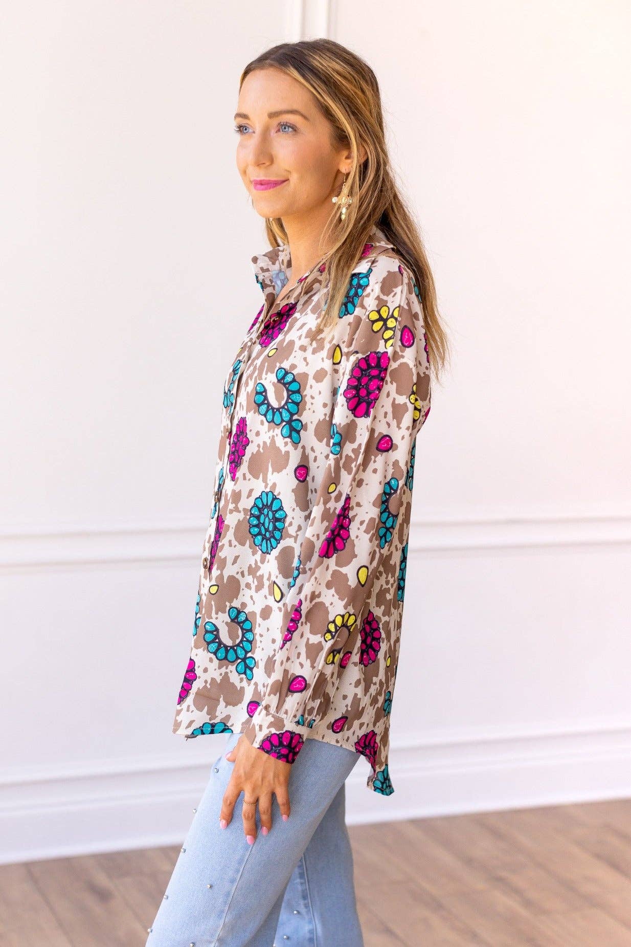 Leopard Rodeo Queen Cow Print Button Down for wholesale on Faire1