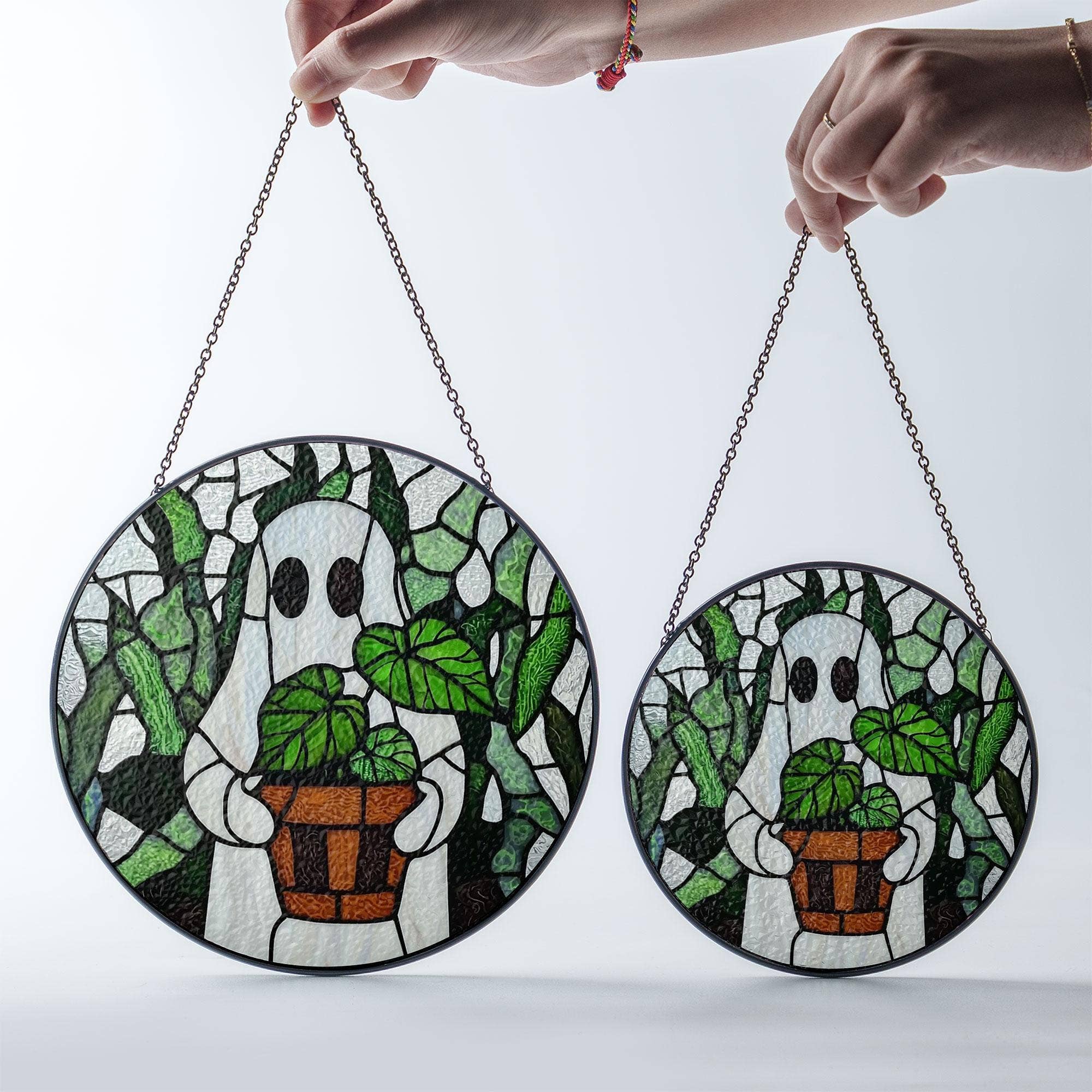 NVC Ecommerce LLC - Vente Attrape-soleil - Attrape-soleil en vitrail fantôme avec plante, fenêtre d'Halloween3