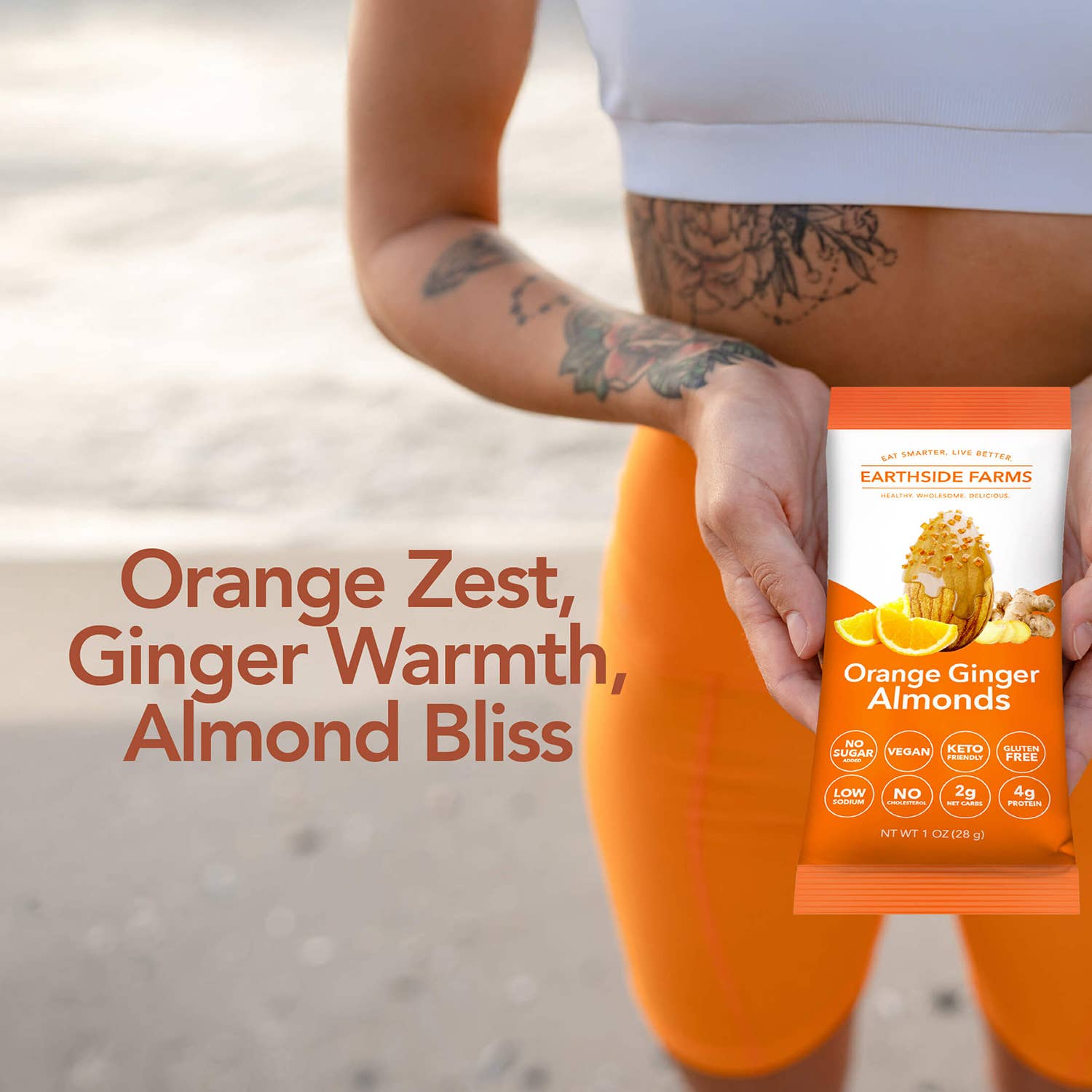 Earthside Farms - Venta al por mayor Frutos secos - Nueces Caramelizadas Veganas de Almendra, Jengibre y Naranja 1oz3