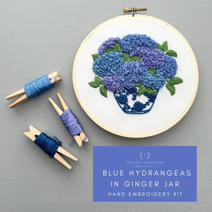 Hand Embroidery Kit - Blue Hydrangeas in Ginger Jar for wholesale by And Other Adventures Embroidery Co