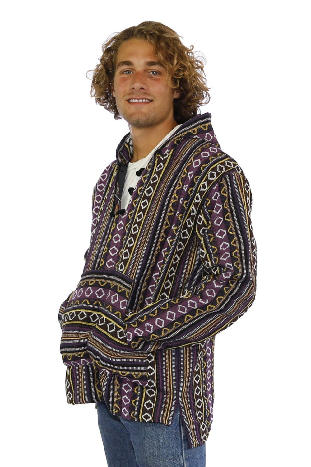 Sunshine Joy - Wholesale Hoodie - Unisex - Woven Baja Style Hoodie Pullover Purple/Gold2